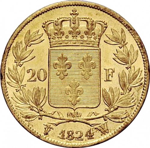 20 Francs Reverse Image minted in FRANCE in 1824W (1814-1824 - Louis XVIII)  - The Coin Database