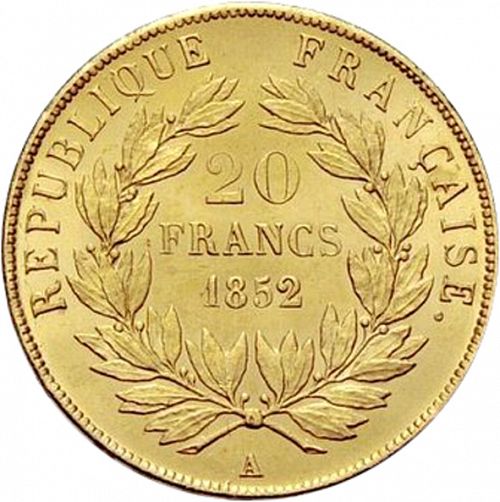 20 Francs Reverse Image minted in FRANCE in 1852A (1852 - Louis-Napoléon)  - The Coin Database