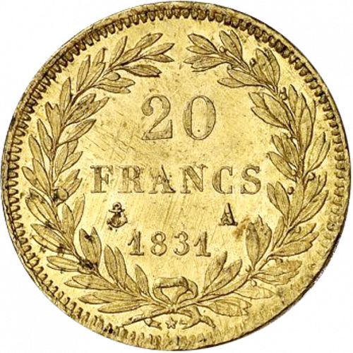 20 Francs Reverse Image minted in FRANCE in 1831A (1830-1848 - Louis Philippe I)  - The Coin Database