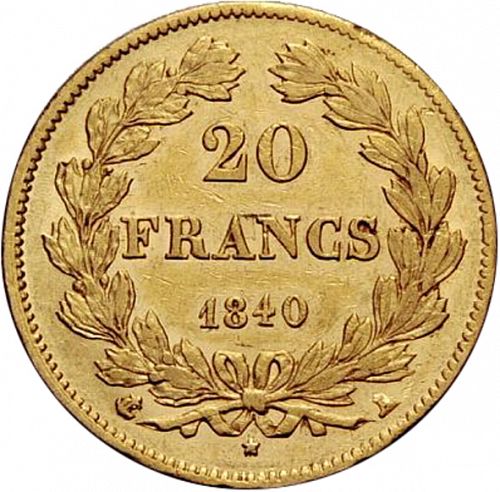 20 Francs Reverse Image minted in FRANCE in 1840A (1830-1848 - Louis Philippe I)  - The Coin Database