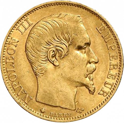 20 Francs Obverse Image minted in FRANCE in 1858BB (1852-1870 - Napoléon III)  - The Coin Database