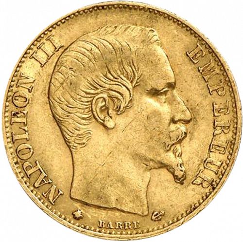 20 Francs Obverse Image minted in FRANCE in 1859BB (1852-1870 - Napoléon III)  - The Coin Database