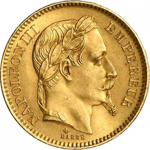 20 Francs Obverse Image minted in FRANCE in 1865A (1852-1870 - Napoléon III)  - The Coin Database