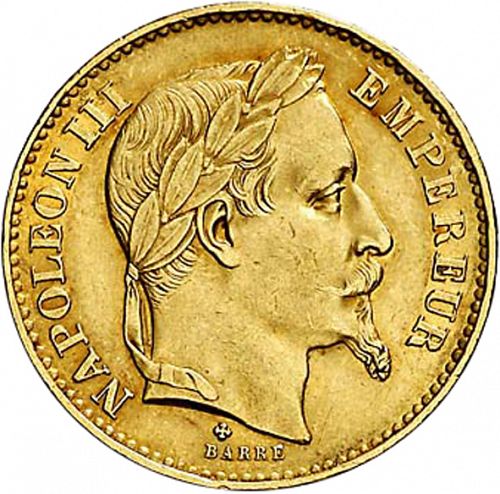 20 Francs Obverse Image minted in FRANCE in 1869BB (1852-1870 - Napoléon III)  - The Coin Database