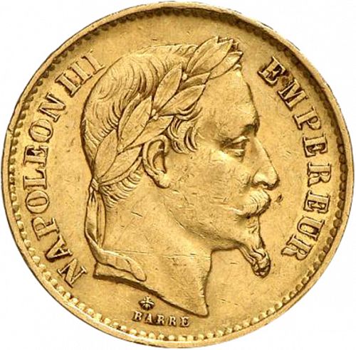 20 Francs Obverse Image minted in FRANCE in 1870A (1852-1870 - Napoléon III)  - The Coin Database