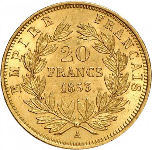 20 Francs Reverse Image minted in FRANCE in 1853A (1852-1870 - Napoléon III)  - The Coin Database