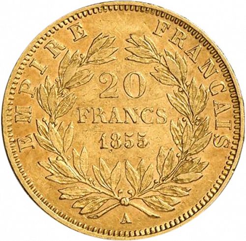 20 Francs Reverse Image minted in FRANCE in 1855A (1852-1870 - Napoléon III)  - The Coin Database
