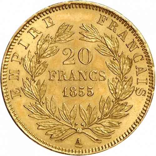 20 Francs Reverse Image minted in FRANCE in 1855A (1852-1870 - Napoléon III)  - The Coin Database