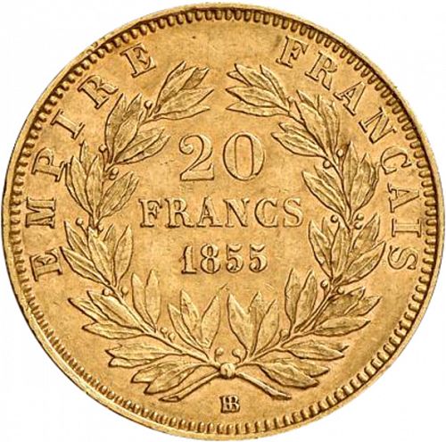 20 Francs Reverse Image minted in FRANCE in 1855BB (1852-1870 - Napoléon III)  - The Coin Database