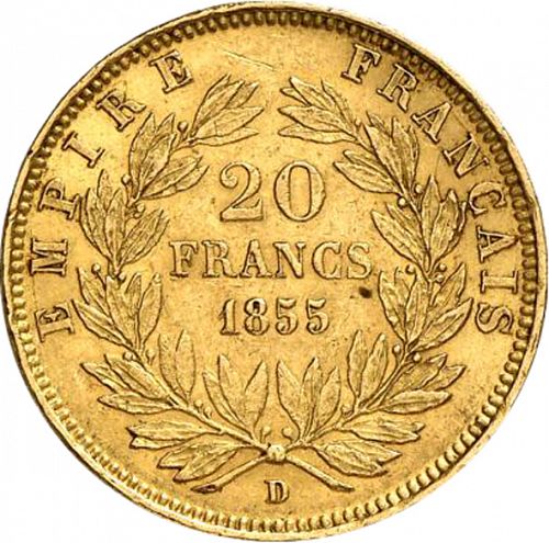 20 Francs Reverse Image minted in FRANCE in 1855D (1852-1870 - Napoléon III)  - The Coin Database