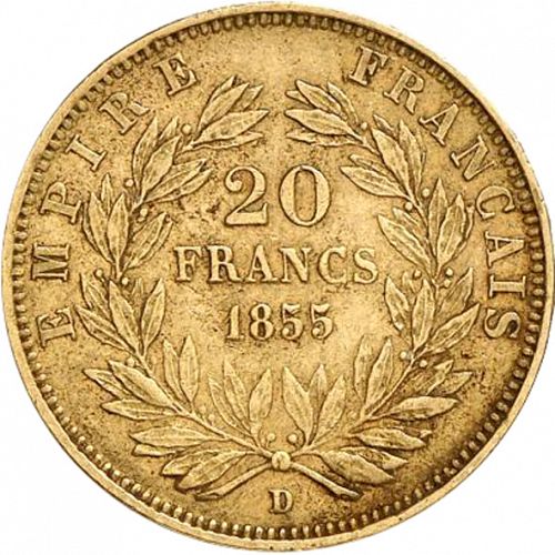 20 Francs Reverse Image minted in FRANCE in 1855D (1852-1870 - Napoléon III)  - The Coin Database
