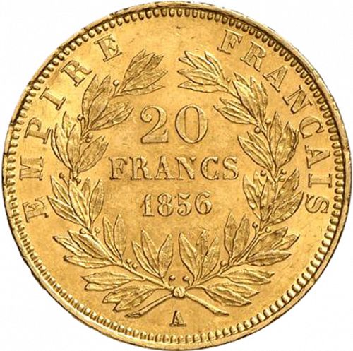 20 Francs Reverse Image minted in FRANCE in 1856A (1852-1870 - Napoléon III)  - The Coin Database
