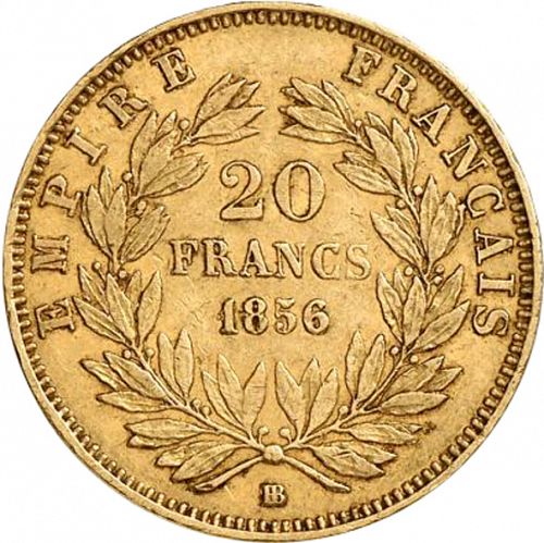 20 Francs Reverse Image minted in FRANCE in 1856BB (1852-1870 - Napoléon III)  - The Coin Database