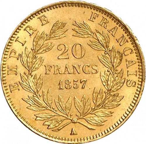 20 Francs Reverse Image minted in FRANCE in 1857A (1852-1870 - Napoléon III)  - The Coin Database