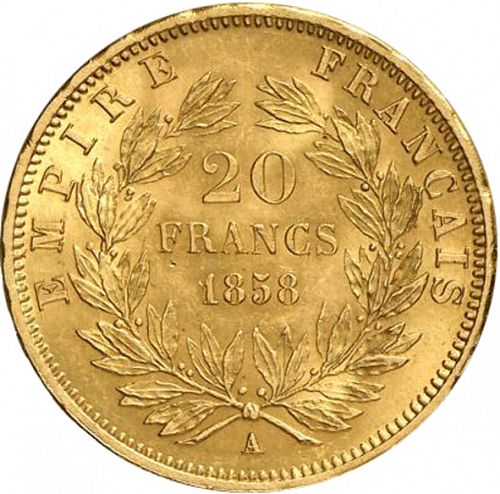 20 Francs Reverse Image minted in FRANCE in 1858A (1852-1870 - Napoléon III)  - The Coin Database