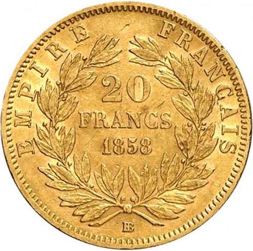 20 Francs Reverse Image minted in FRANCE in 1858BB (1852-1870 - Napoléon III)  - The Coin Database