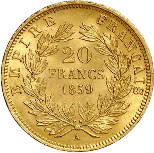 20 Francs Reverse Image minted in FRANCE in 1859A (1852-1870 - Napoléon III)  - The Coin Database
