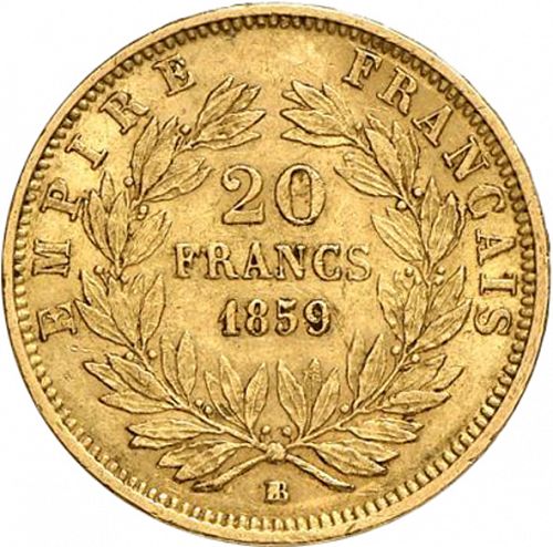 20 Francs Reverse Image minted in FRANCE in 1859BB (1852-1870 - Napoléon III)  - The Coin Database