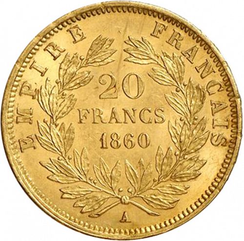 20 Francs Reverse Image minted in FRANCE in 1860A (1852-1870 - Napoléon III)  - The Coin Database