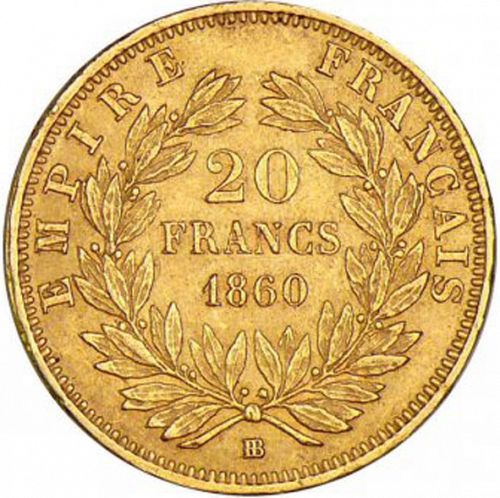 20 Francs Reverse Image minted in FRANCE in 1860BB (1852-1870 - Napoléon III)  - The Coin Database