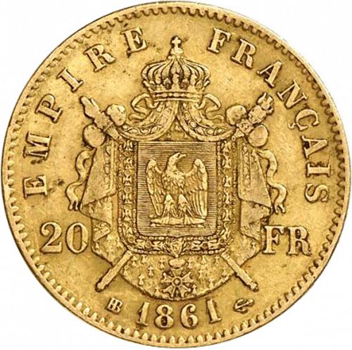20 Francs Reverse Image minted in FRANCE in 1861BB (1852-1870 - Napoléon III)  - The Coin Database