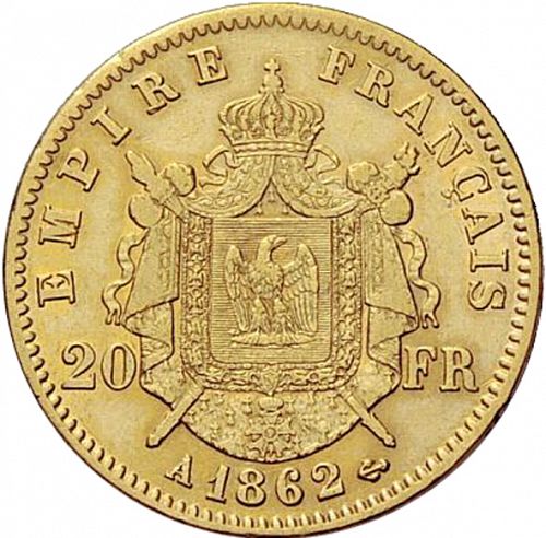 20 Francs Reverse Image minted in FRANCE in 1862A (1852-1870 - Napoléon III)  - The Coin Database