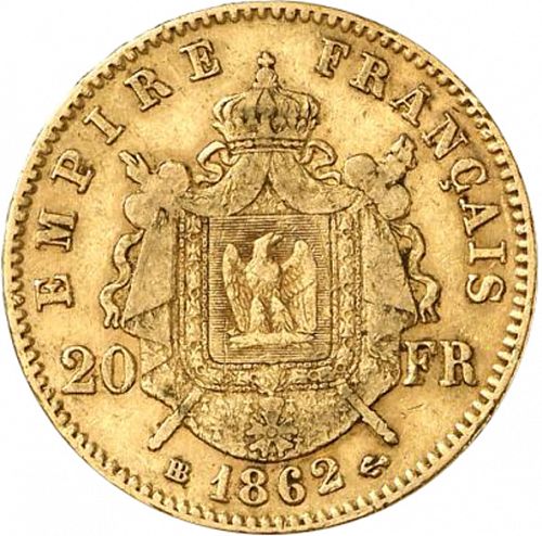 20 Francs Reverse Image minted in FRANCE in 1862BB (1852-1870 - Napoléon III)  - The Coin Database