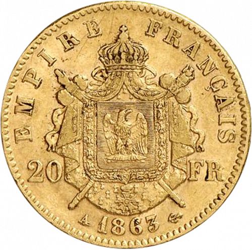 20 Francs Reverse Image minted in FRANCE in 1863A (1852-1870 - Napoléon III)  - The Coin Database