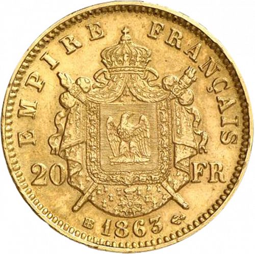 20 Francs Reverse Image minted in FRANCE in 1863BB (1852-1870 - Napoléon III)  - The Coin Database