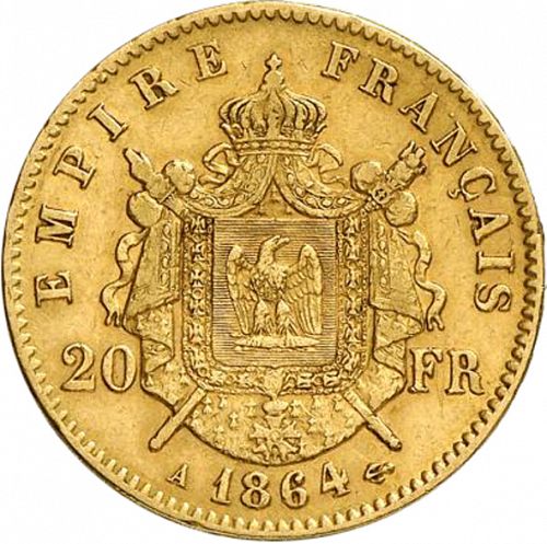 20 Francs Reverse Image minted in FRANCE in 1864A (1852-1870 - Napoléon III)  - The Coin Database