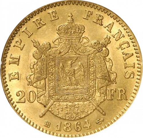 20 Francs Reverse Image minted in FRANCE in 1864BB (1852-1870 - Napoléon III)  - The Coin Database