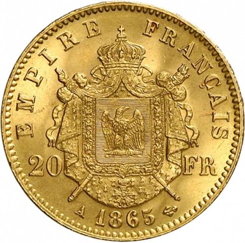 20 Francs Reverse Image minted in FRANCE in 1865A (1852-1870 - Napoléon III)  - The Coin Database