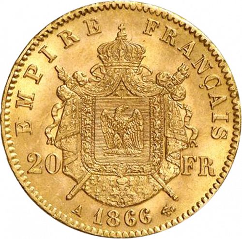 20 Francs Reverse Image minted in FRANCE in 1866A (1852-1870 - Napoléon III)  - The Coin Database