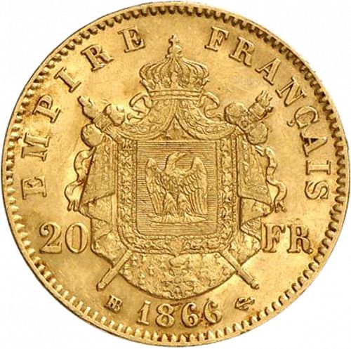 20 Francs Reverse Image minted in FRANCE in 1866BB (1852-1870 - Napoléon III)  - The Coin Database
