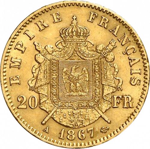 20 Francs Reverse Image minted in FRANCE in 1867A (1852-1870 - Napoléon III)  - The Coin Database