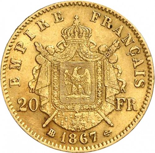 20 Francs Reverse Image minted in FRANCE in 1867BB (1852-1870 - Napoléon III)  - The Coin Database