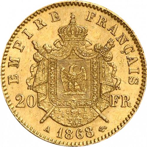 20 Francs Reverse Image minted in FRANCE in 1868A (1852-1870 - Napoléon III)  - The Coin Database