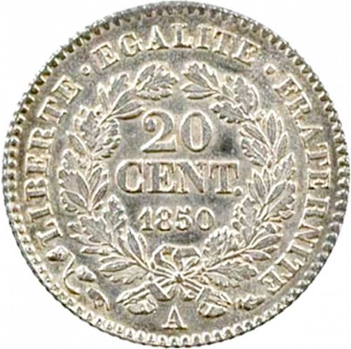 20 Centimes Reverse Image minted in FRANCE in 1850A (1848-1852 - Second Republic)  - The Coin Database