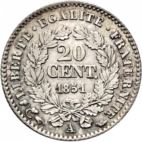 20 Centimes Reverse Image minted in FRANCE in 1851A (1848-1852 - Second Republic)  - The Coin Database
