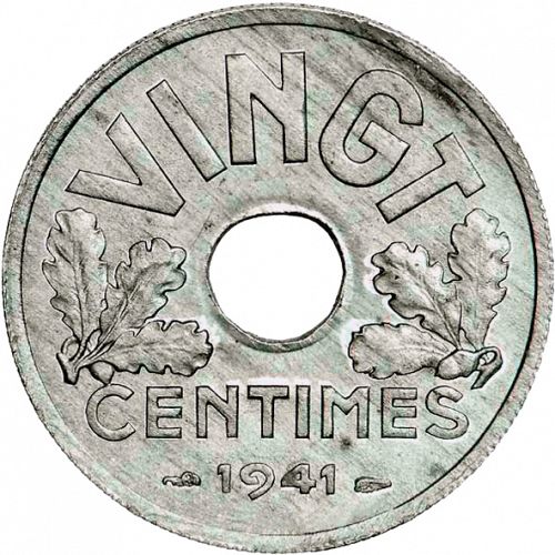 VINGT Centimes Reverse Image minted in FRANCE in 1941 (1940-1944 - Vichy State)  - The Coin Database