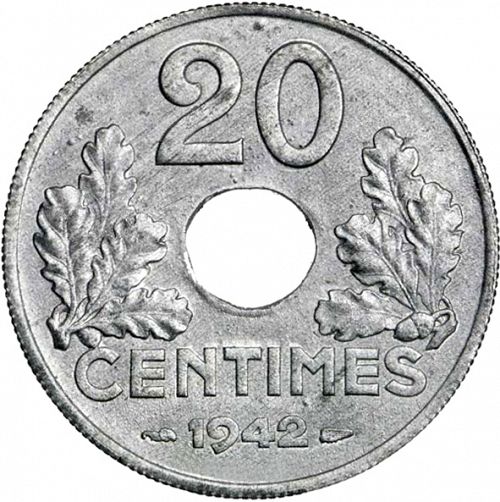 20 Centimes Reverse Image minted in FRANCE in 1942 (1940-1944 - Vichy State)  - The Coin Database