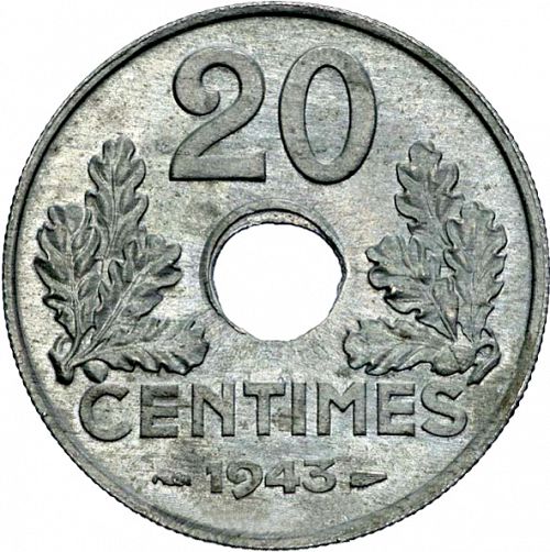20 Centimes Reverse Image minted in FRANCE in 1943 (1940-1944 - Vichy State)  - The Coin Database