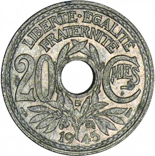 20 Centimes Reverse Image minted in FRANCE in 1945B (1944-1947 - Provisional Government)  - The Coin Database