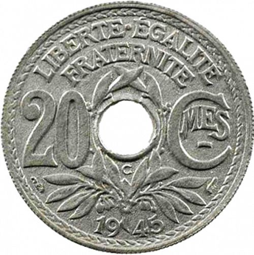20 Centimes Reverse Image minted in FRANCE in 1945C (1944-1947 - Provisional Government)  - The Coin Database