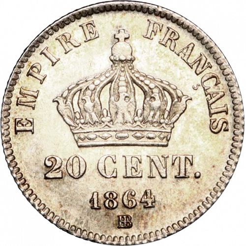 20 Centimes Reverse Image minted in FRANCE in 1864BB (1852-1870 - Napoléon III)  - The Coin Database