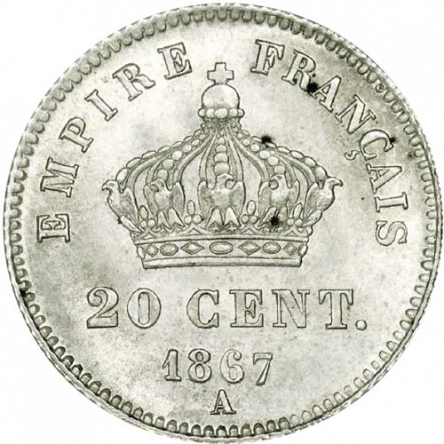 20 Centimes Reverse Image minted in FRANCE in 1867A (1852-1870 - Napoléon III)  - The Coin Database