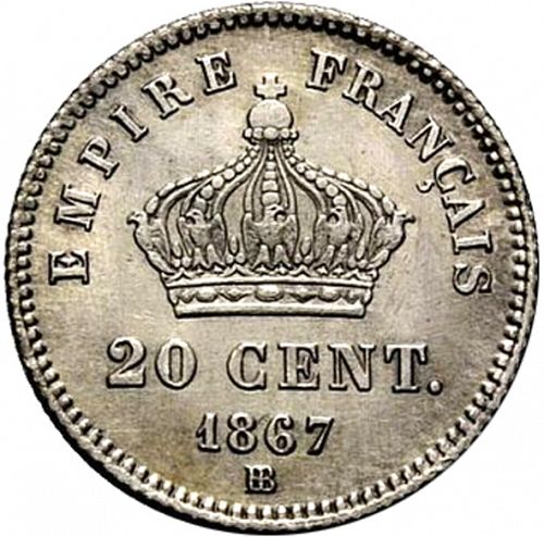 20 Centimes Reverse Image minted in FRANCE in 1867BB (1852-1870 - Napoléon III)  - The Coin Database