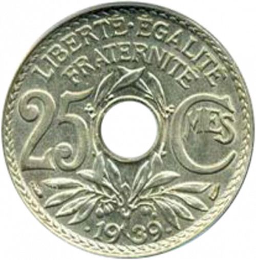 25 Centimes Reverse Image minted in FRANCE in 1939 (1871-1940 - Third Republic)  - The Coin Database