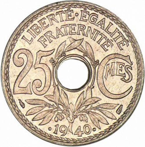 25 Centimes Reverse Image minted in FRANCE in 1940 (1871-1940 - Third Republic)  - The Coin Database