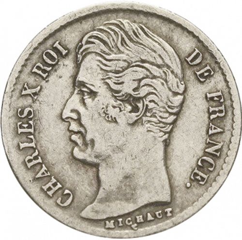 1/4 Franc Obverse Image minted in FRANCE in 1827W (1824-1830 - Charles X)  - The Coin Database